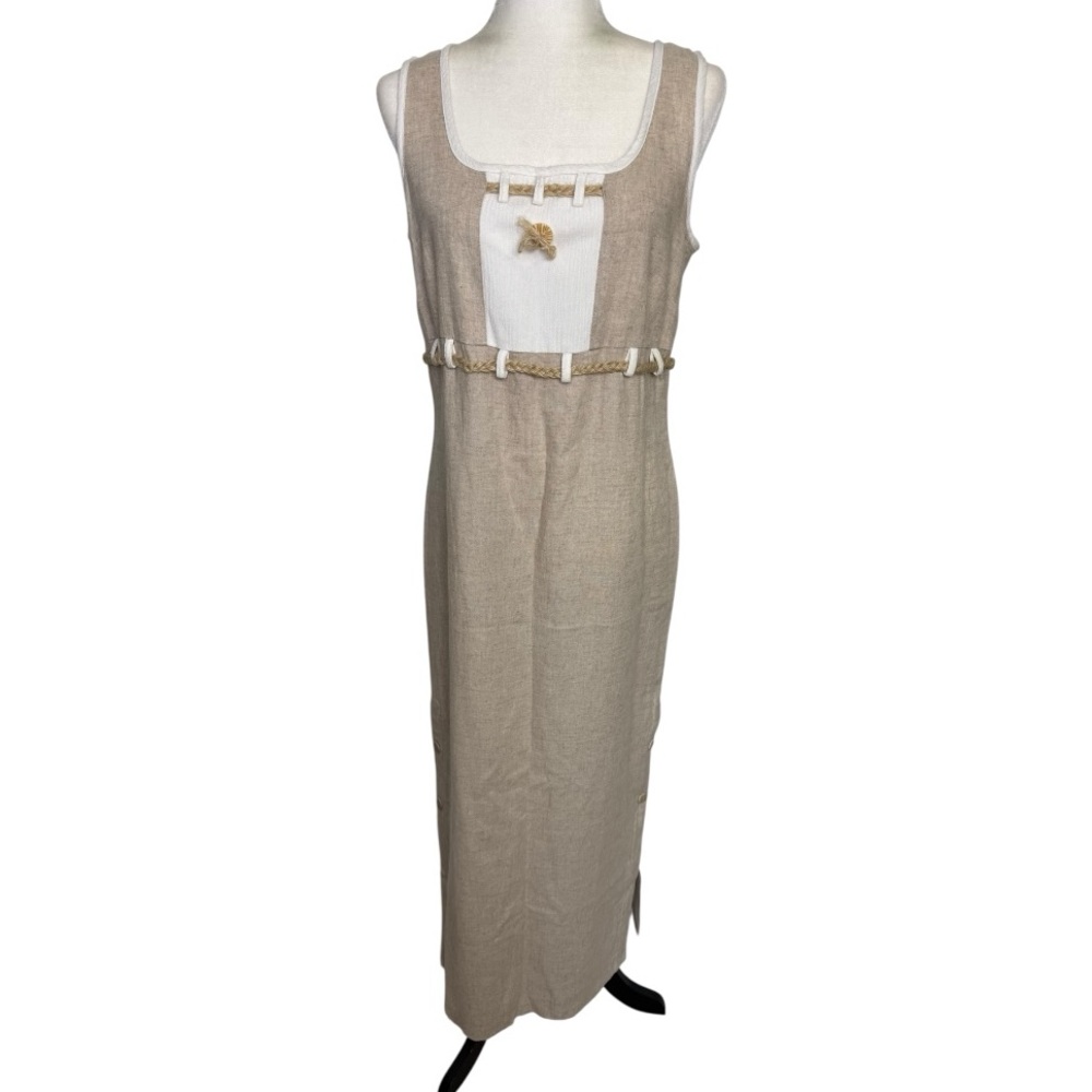 Beautiful Linen Beige Maxi Dress with White Accent